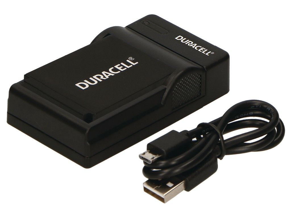 Black Duracell battery charger with a USB cable on a white background, angled view.