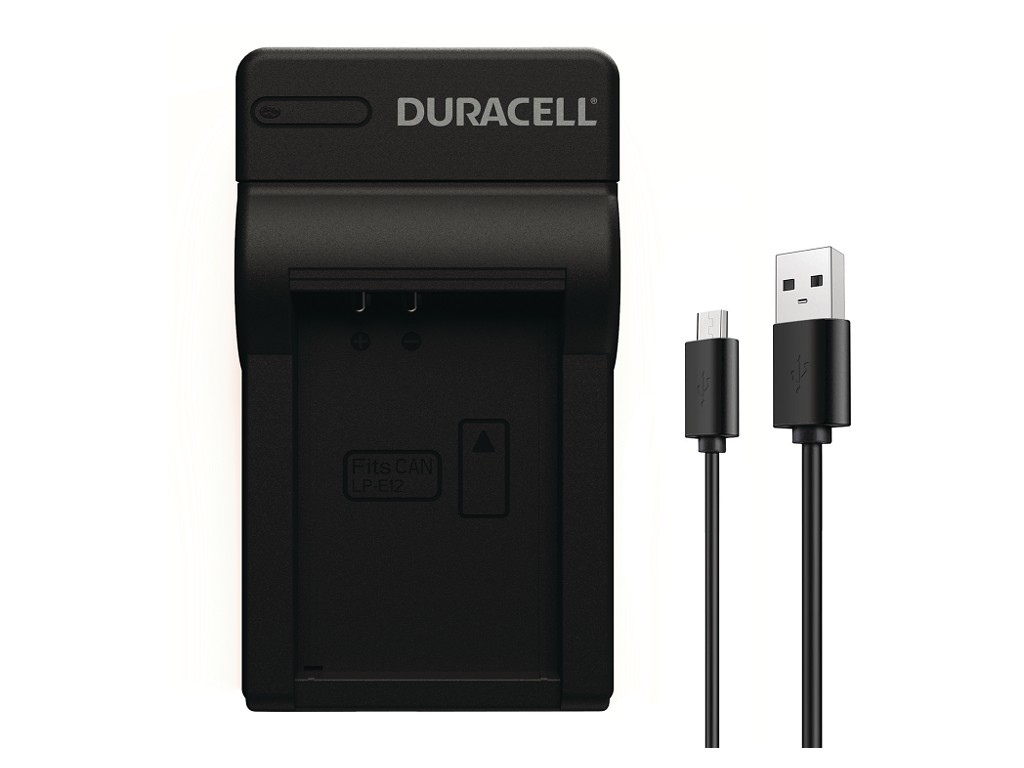 Duracell black charger with cables attached, USB and micro-USB.