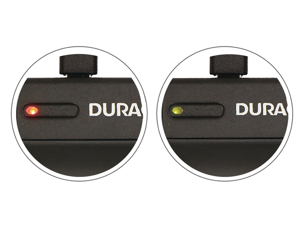 Close-up of two black devices showing red and green lights, with the text "DURA".