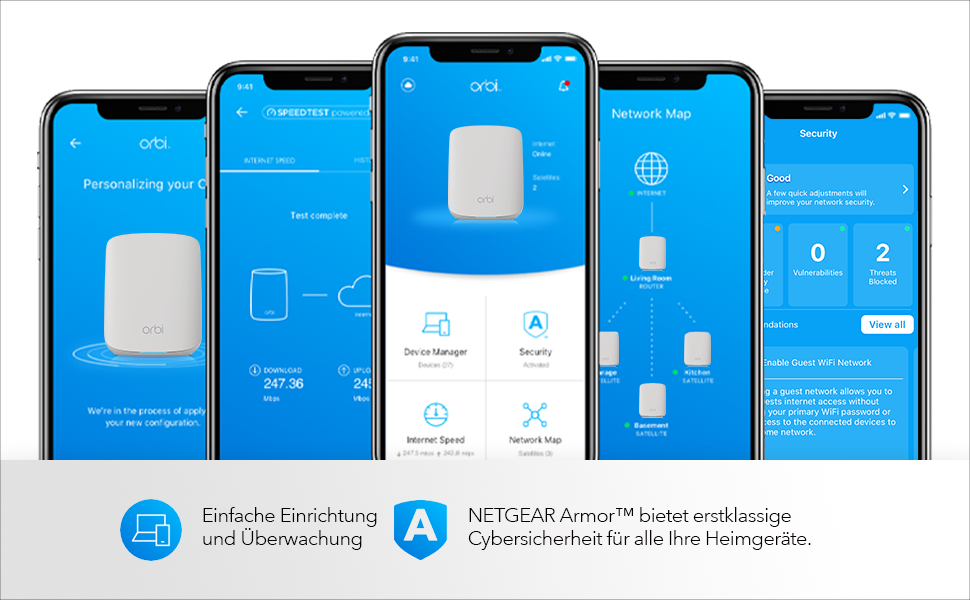 Mehrere Smartphones, die eine Netzwerkkonfiguration anzeigen.