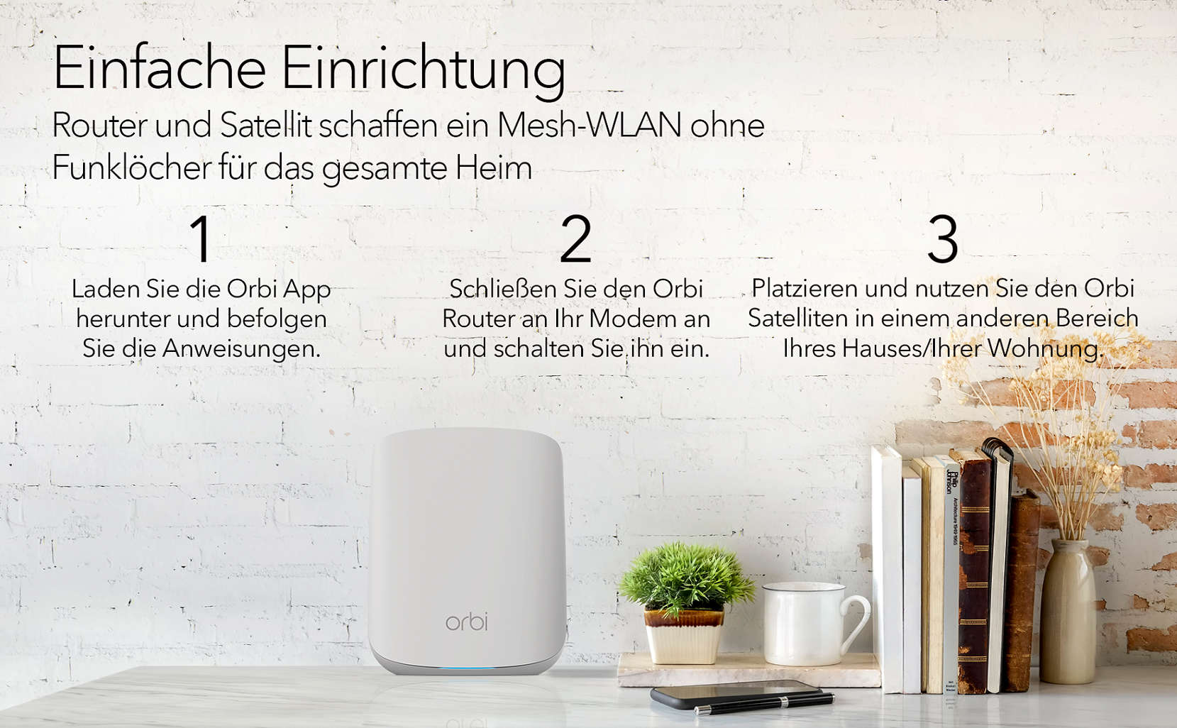 Text, wie man ein Mesh-WLAN-System einrichtet, mit Router und zwei Satelliten.