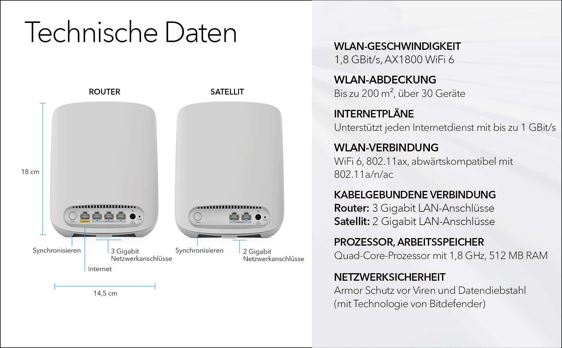 Diagramm eines Routers und Satelliten mit Spezifikationen für Netzwerkverbindungen.