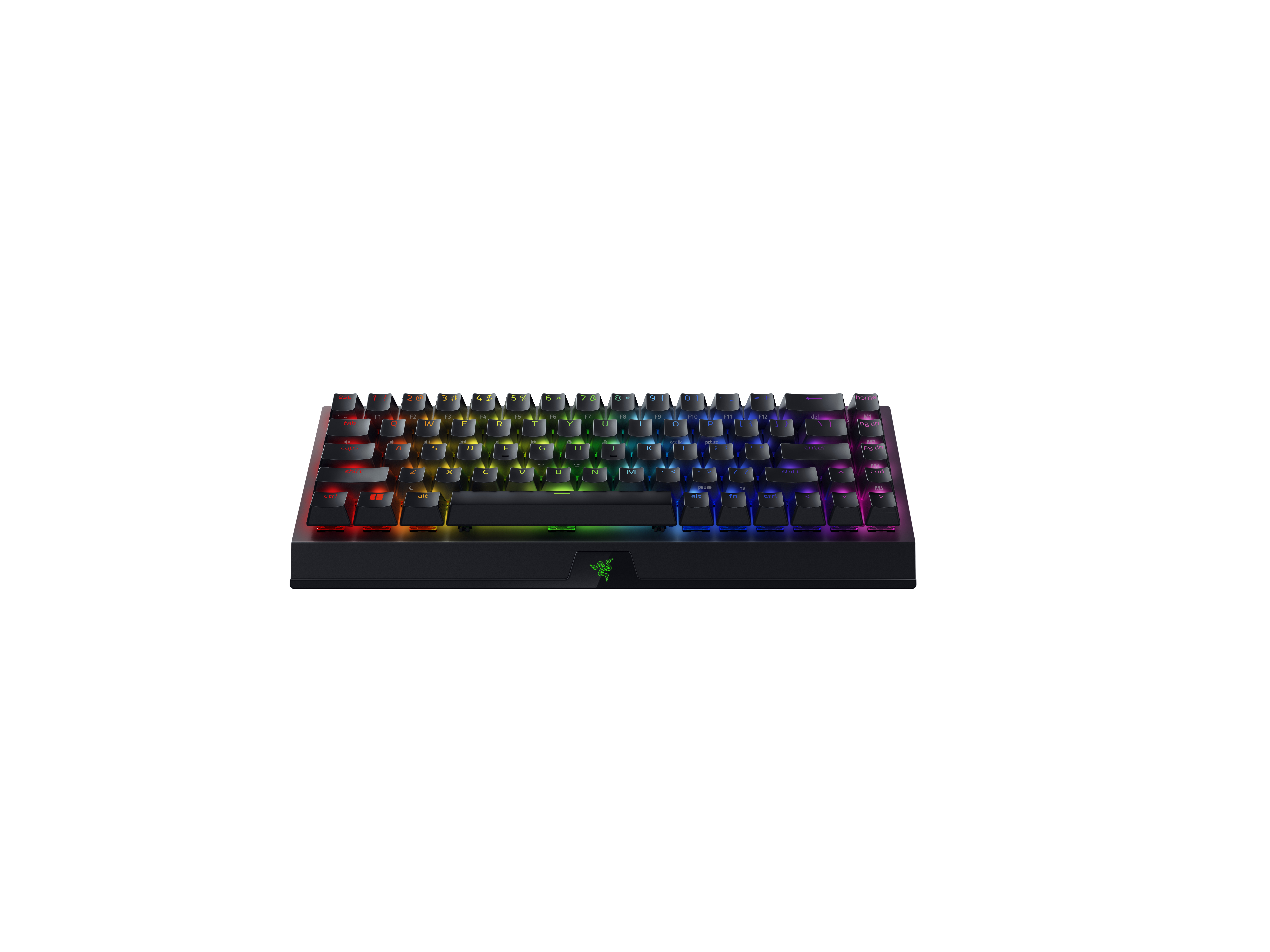 Eine schwarze Razer-Tastatur mit mehrfarbig hinterleuchteten Tasten, auf weißem Hintergrund.