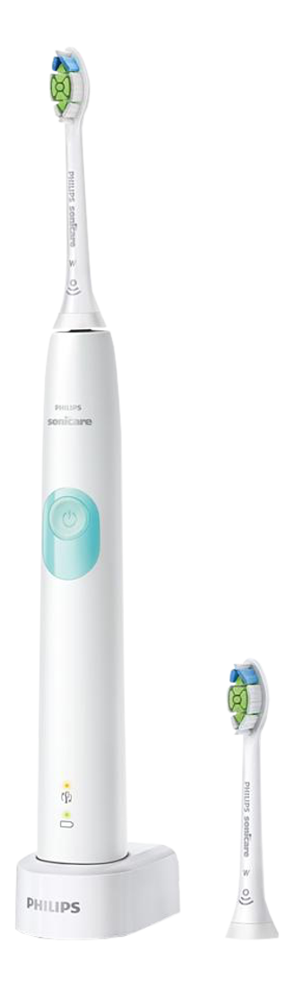 Weiße Sonicare-Zahnbürste mit Ladegerät und zusätzlichem Bürstenkopf. Schwarzer Hintergrund.