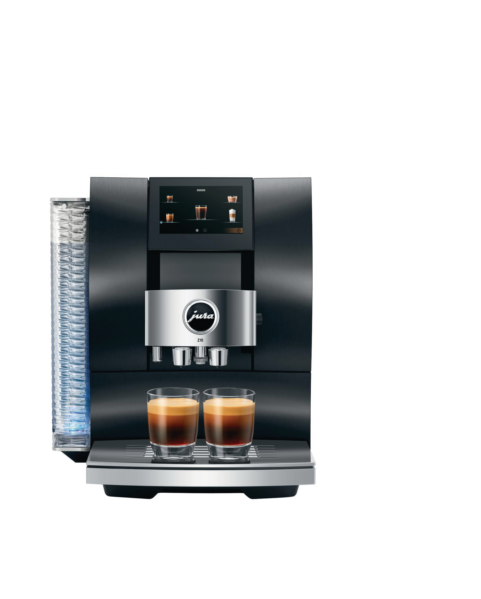 Eine schwarze Jura Espressomaschine mit zwei Gläsern Espresso. Ein transparenter Wasserbehälter befindet sich links.