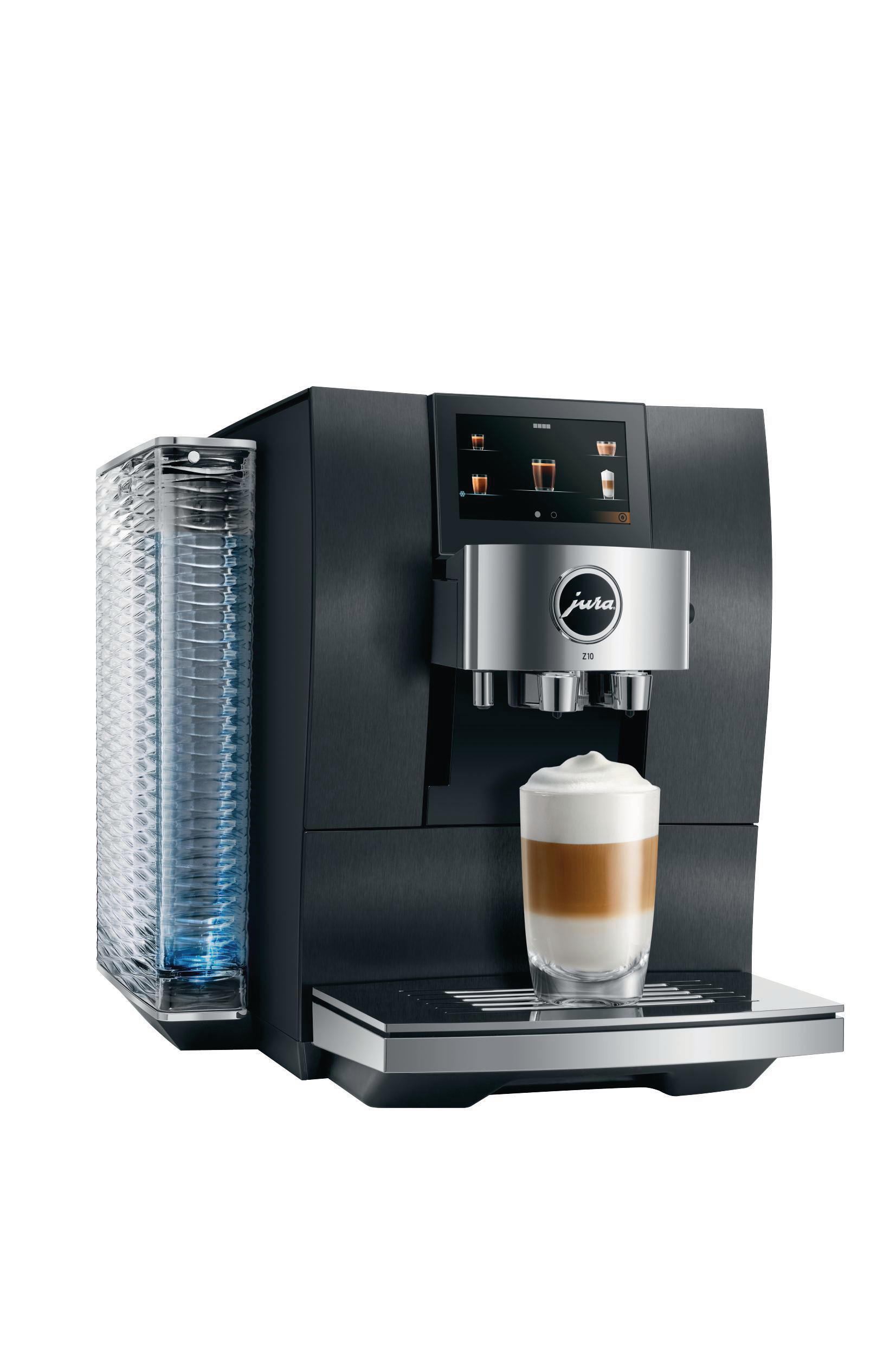 Schwarze Jura Espressomaschine mit Latte, Becherhalter und Display.