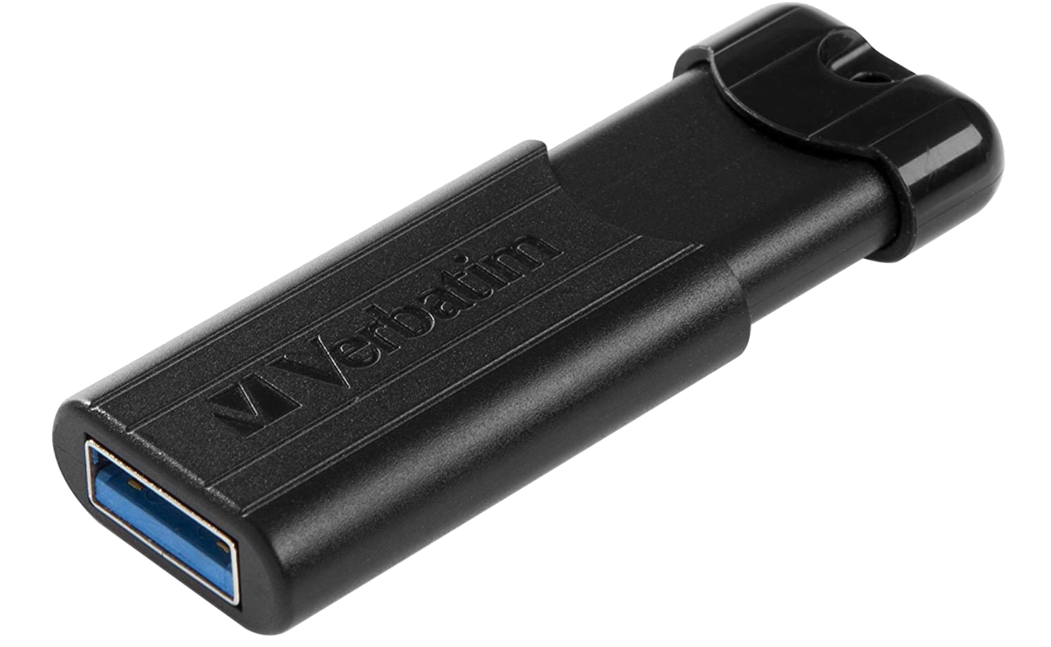 Fekete USB flash meghajtó kék USB csatlakozóval, a 'Verbatim' logóval.