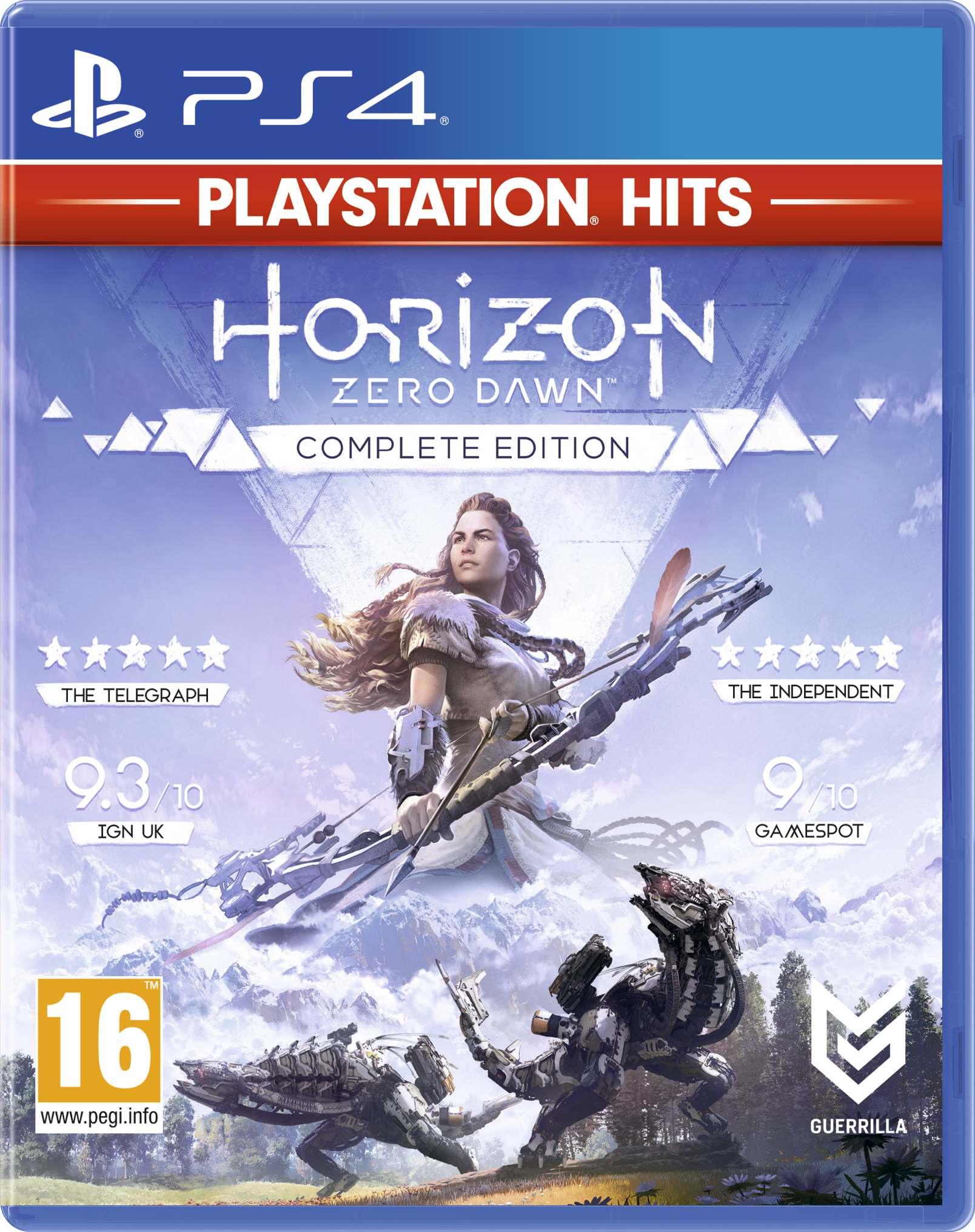 Horizon Zero Dawn-Spielcover mit einer Frau und Roboter-Kreaturen.