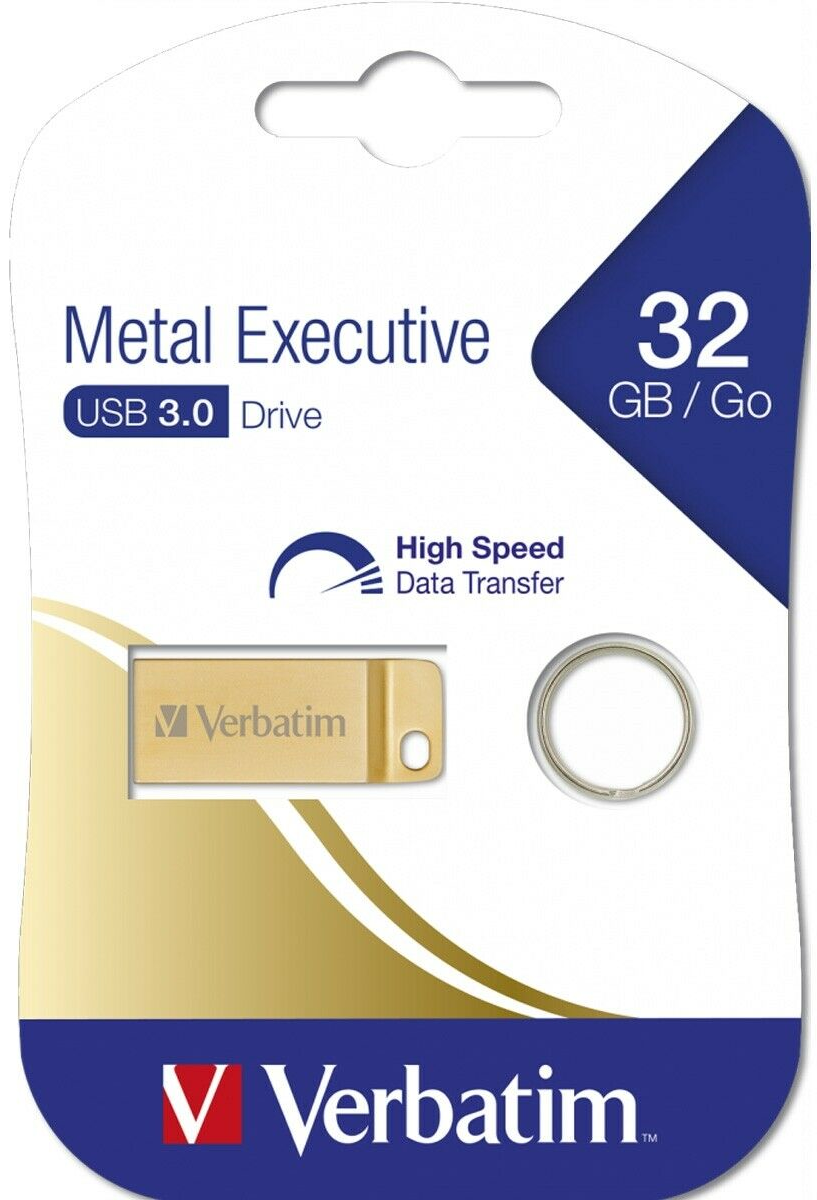 Verbatim metal executive USB meghajtó, arany színben, kiskereskedelmi csomagolásban.
