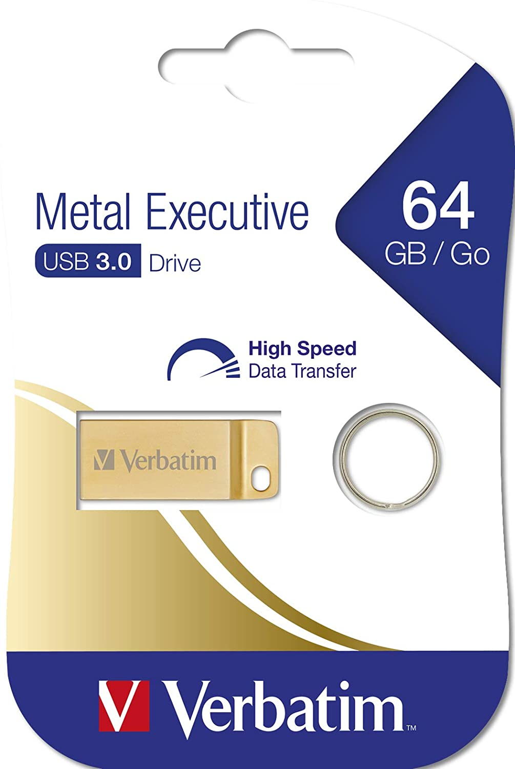 Egy Verbatim 64 GB-os USB 3.0-s meghajtó a csomagolásában. A meghajtó arany színű.