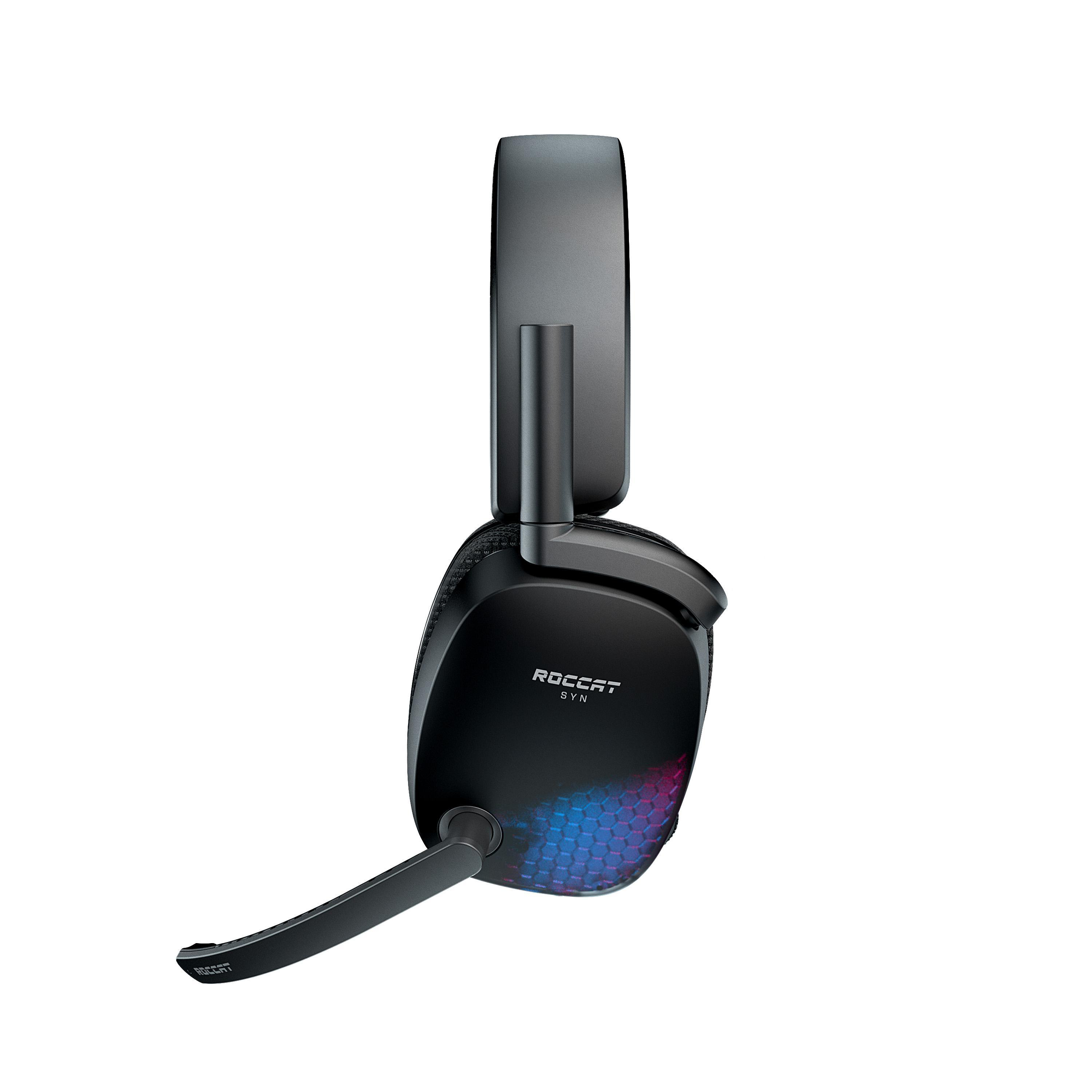 Schwarzes Roccat Syn Headset mit Mikrofon, Seitenansicht. RGB-Licht wird gezeigt.