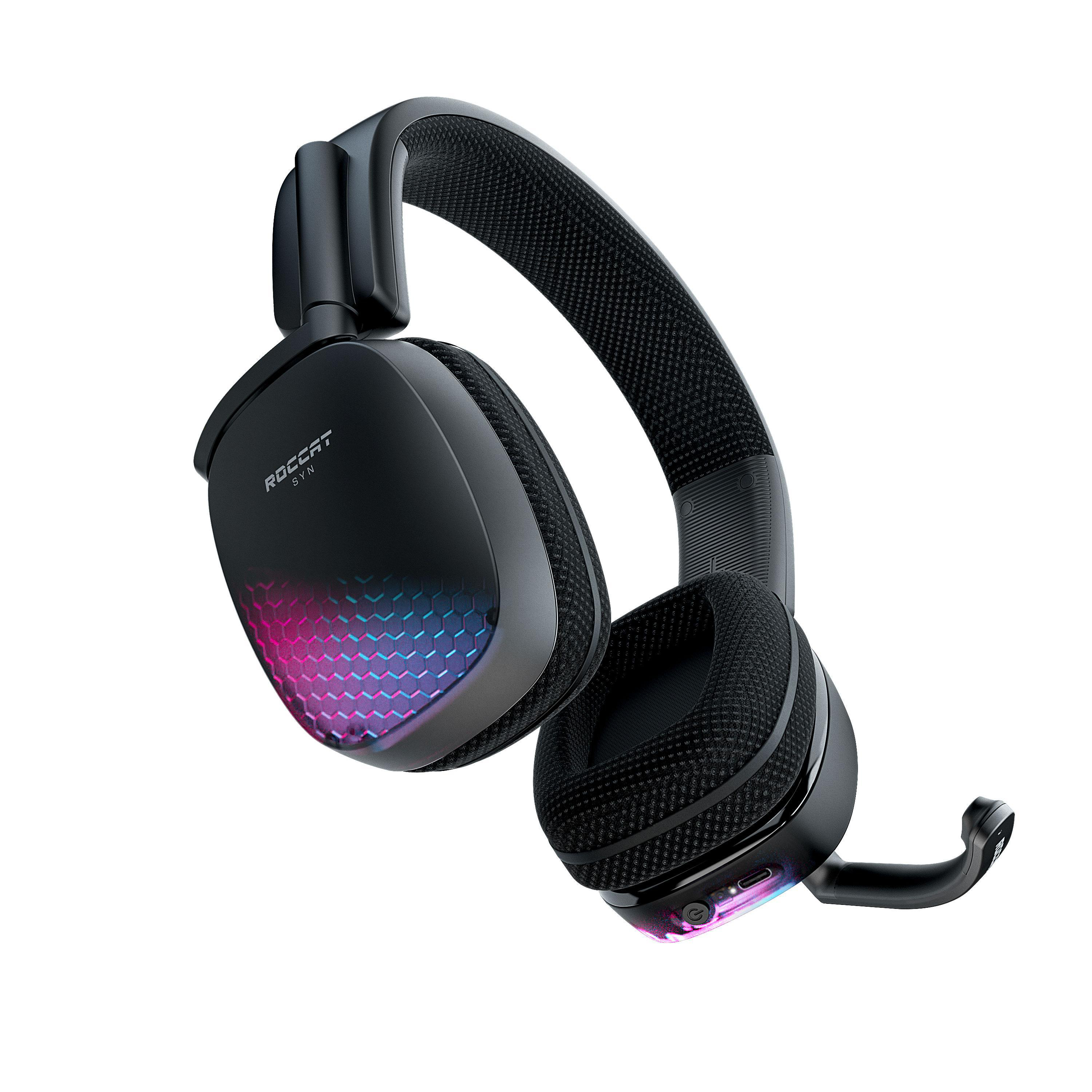 Schwarzes Roccat Syn Headset, mit RGB-Beleuchtung an Ohrmuscheln und Mikrofon.