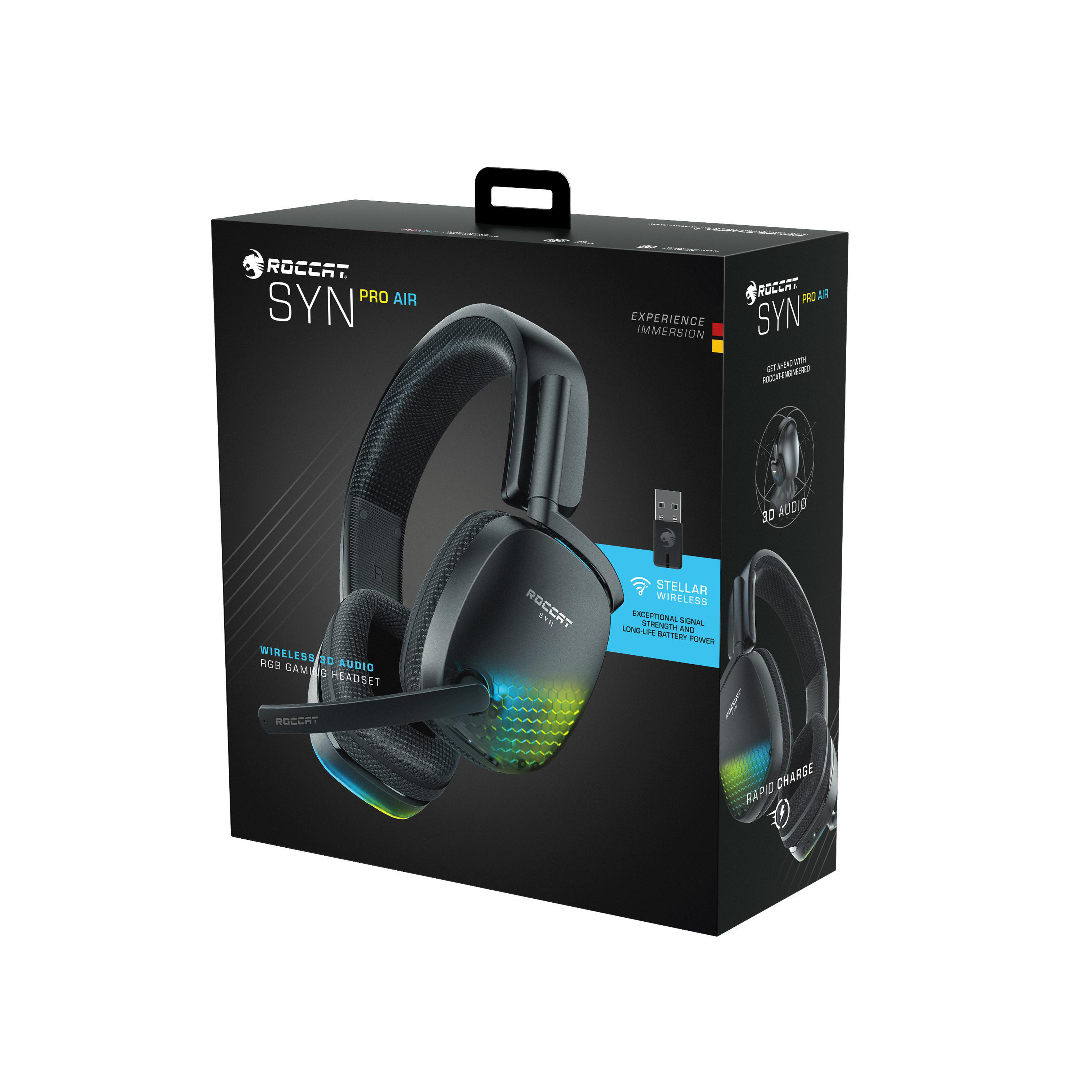 Kopfhörer in einer Box mit einem Bild des Headsets und seinen Funktionen.
