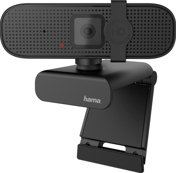 Webcam nera con fotocamera, microfono e supporto, su sfondo bianco.