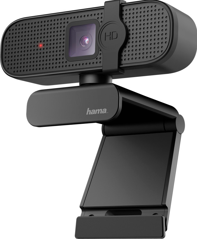Webcam Hama nera con supporto regolabile e indicatore luminoso rosso.