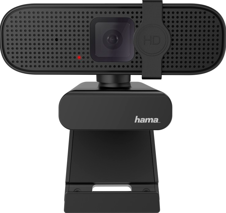 Una webcam nera su un supporto, con una luce rossa accesa.