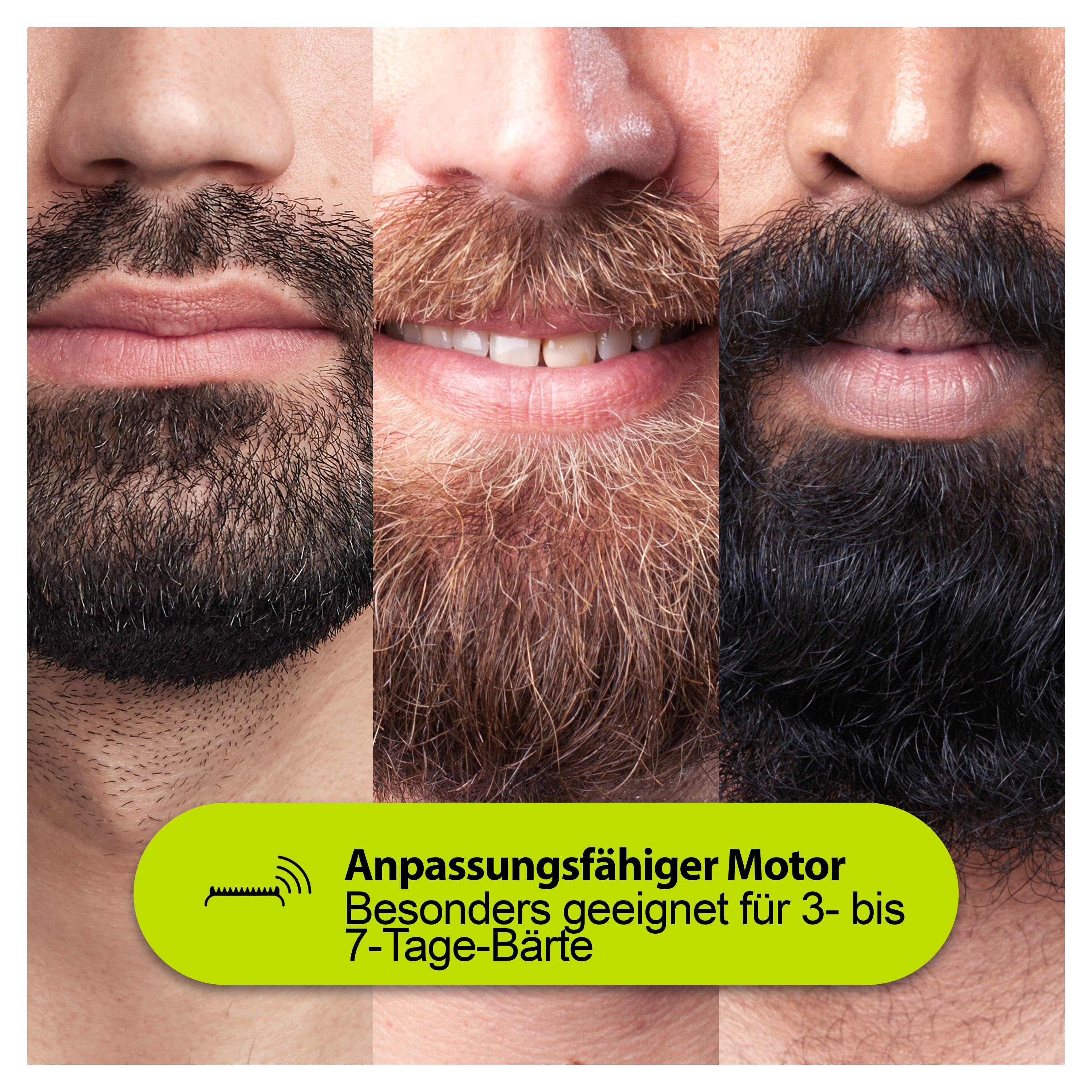 Nahaufnahme von drei Männergesichtern mit unterschiedlichen Bartstilen. Darunter ein grünes Banner mit deutschem Text.