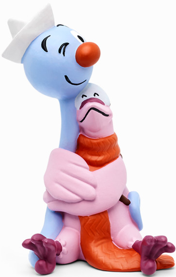 Figur von zwei Zeichentrickfiguren, die sich umarmen. Einer ist blau mit Hut, der andere pink.
