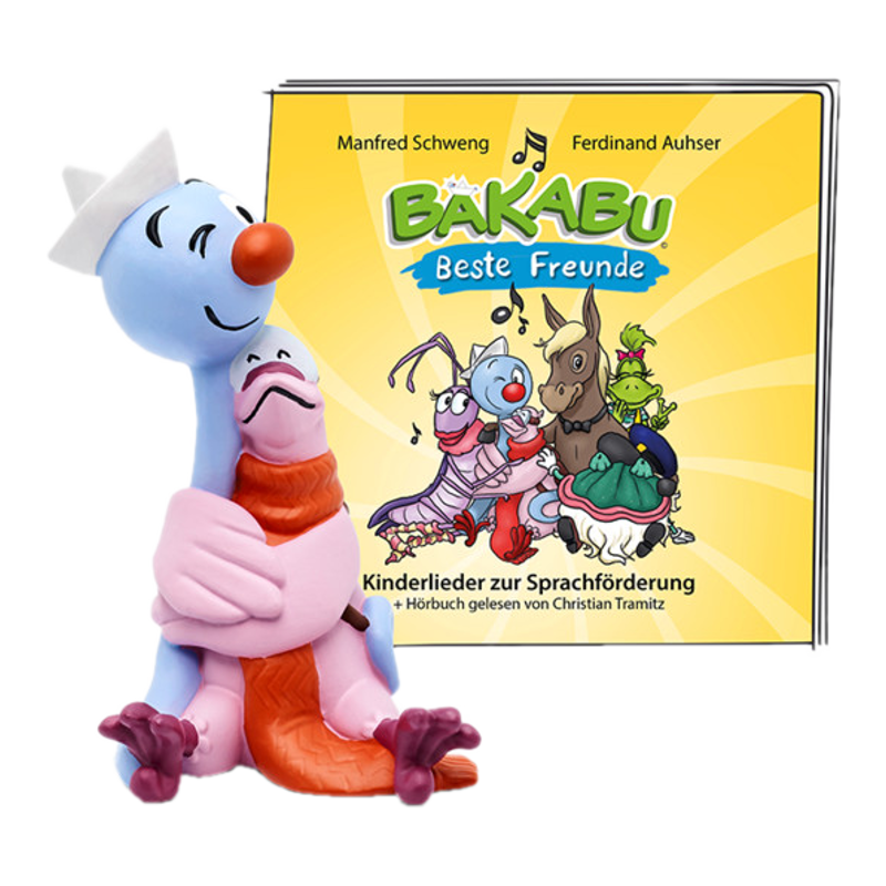 Eine blaue Figur eines Charakters umarmt eine andere. Im Hintergrund befindet sich ein Buch mit dem Titel 'BAKABU'.