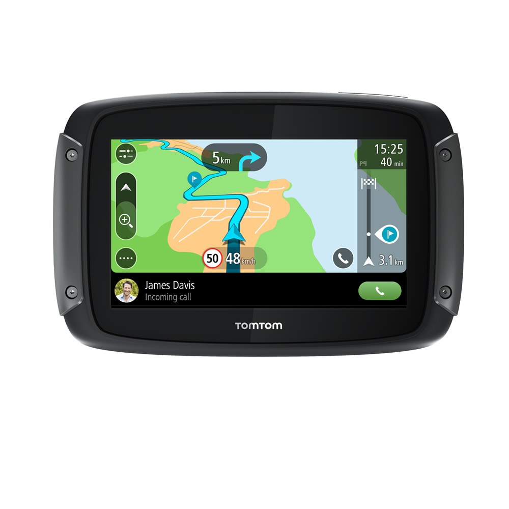 GPS-Navigationsgerät mit Karte, Route, Geschwindigkeit, Zeit und Benachrichtigung über eingehende Anrufe.