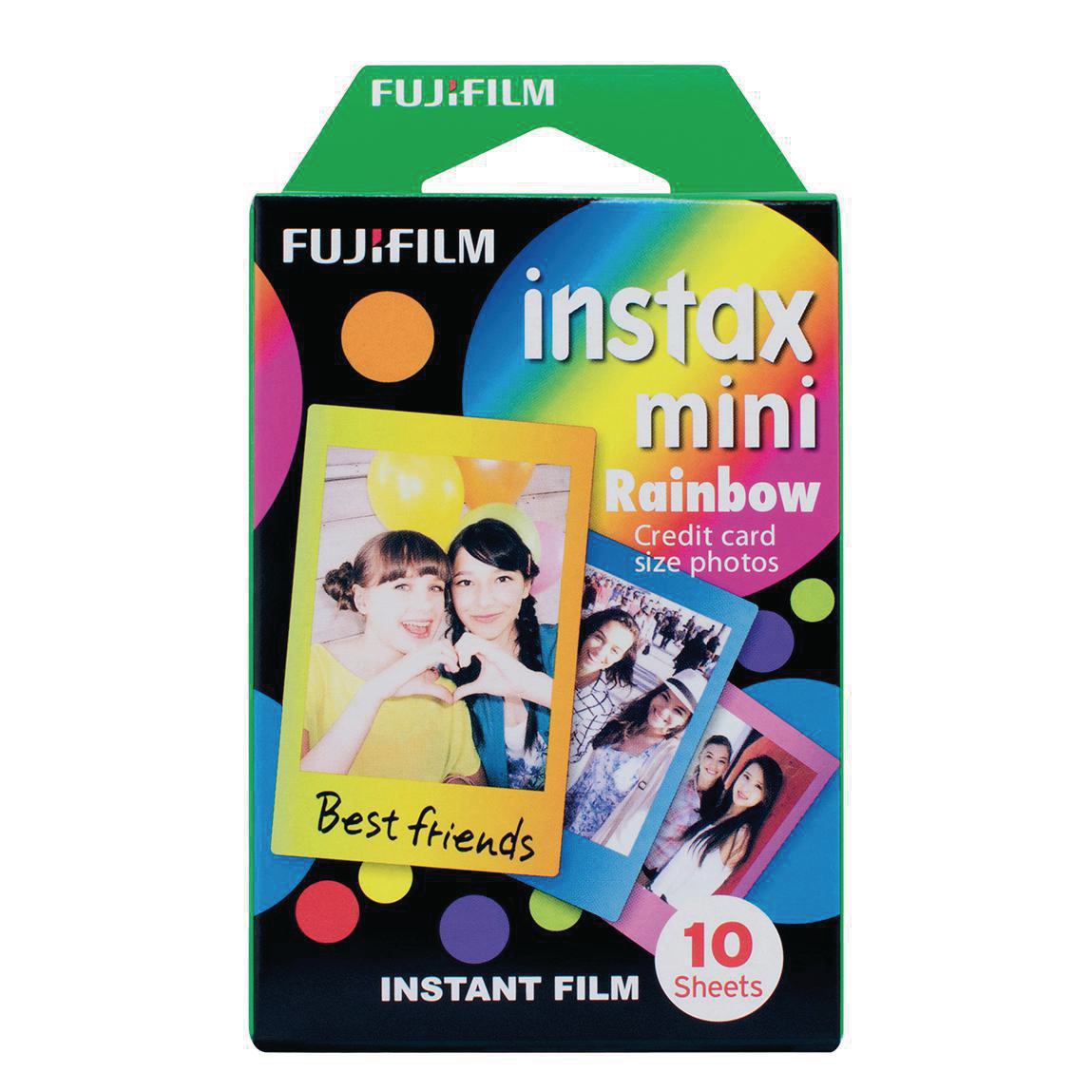 Eine Schachtel Fujifilm Instax Mini Rainbow Film. Sie zeigt Fotos von Mädchen und ein farbenfrohes Design.