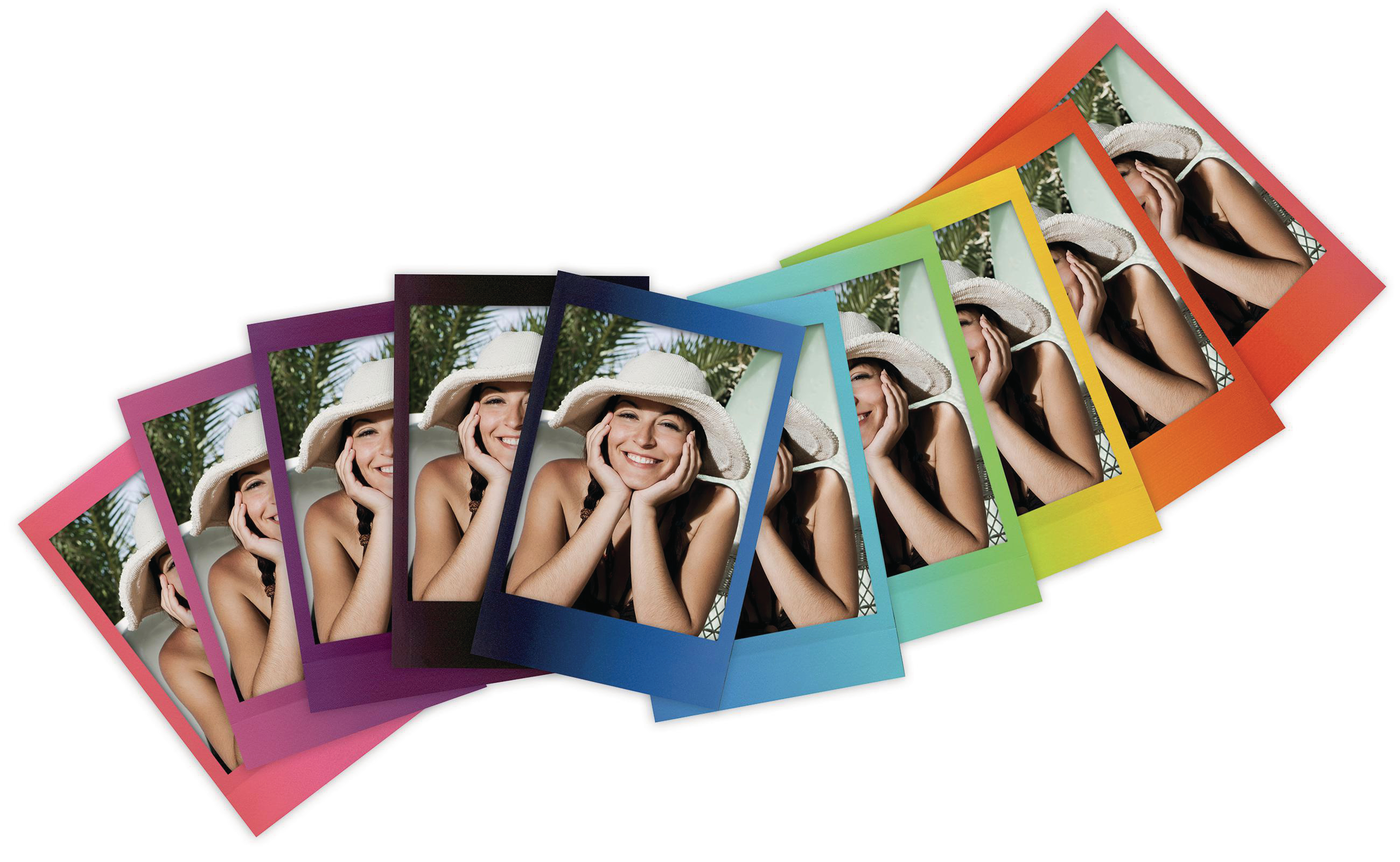 Serie von Polaroid-Fotos in einem Regenbogenbogen. Frau mit Hut, lächelnd, hält ihr Gesicht. Weißer Hintergrund.