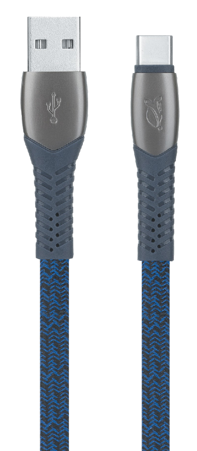 USB-C kábel. USB-A csatlakozó az egyik végén, USB-C a másikon, kék fonott kábel.