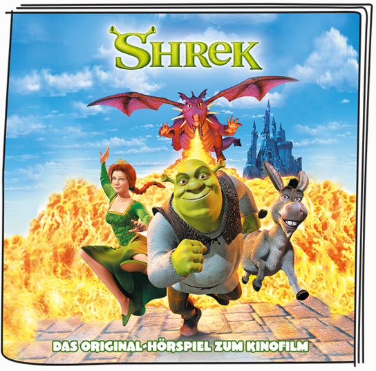Ein Buchcover mit Shrek, Fiona und Esel vor einem Feuer.