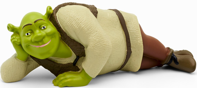 Shrek-Spielfigur, liegt auf dem Bauch, stützt den Kopf mit dem Arm ab. Grinst, grüne Haut.
