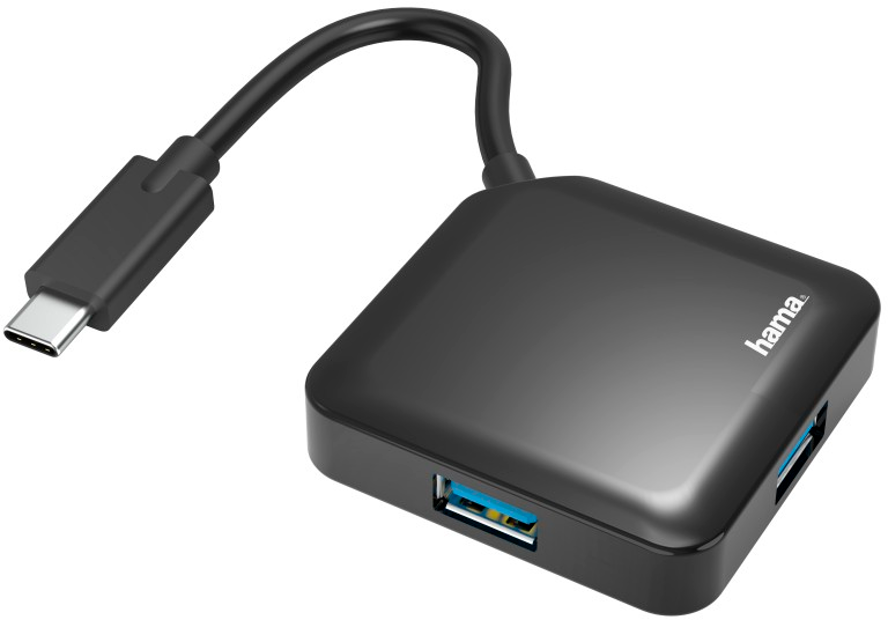 Hub USB-C Hama nero. Ha due porte USB. Sfondo bianco.
