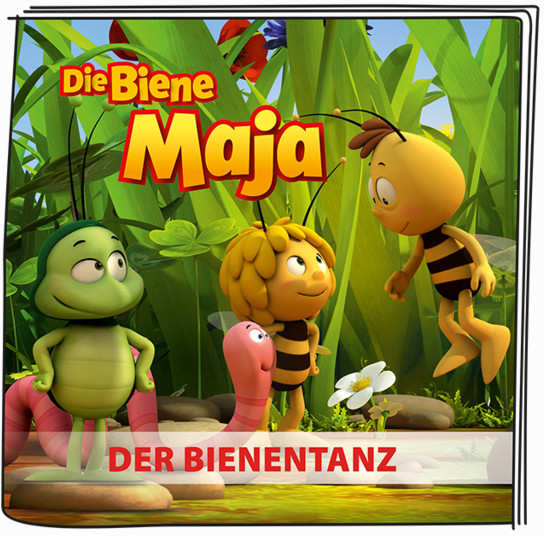 Die Biene Maja Cartoon-Bild mit Maja, einer Raupe und einer Biene. Der Text lautet "Der Bienentanz".