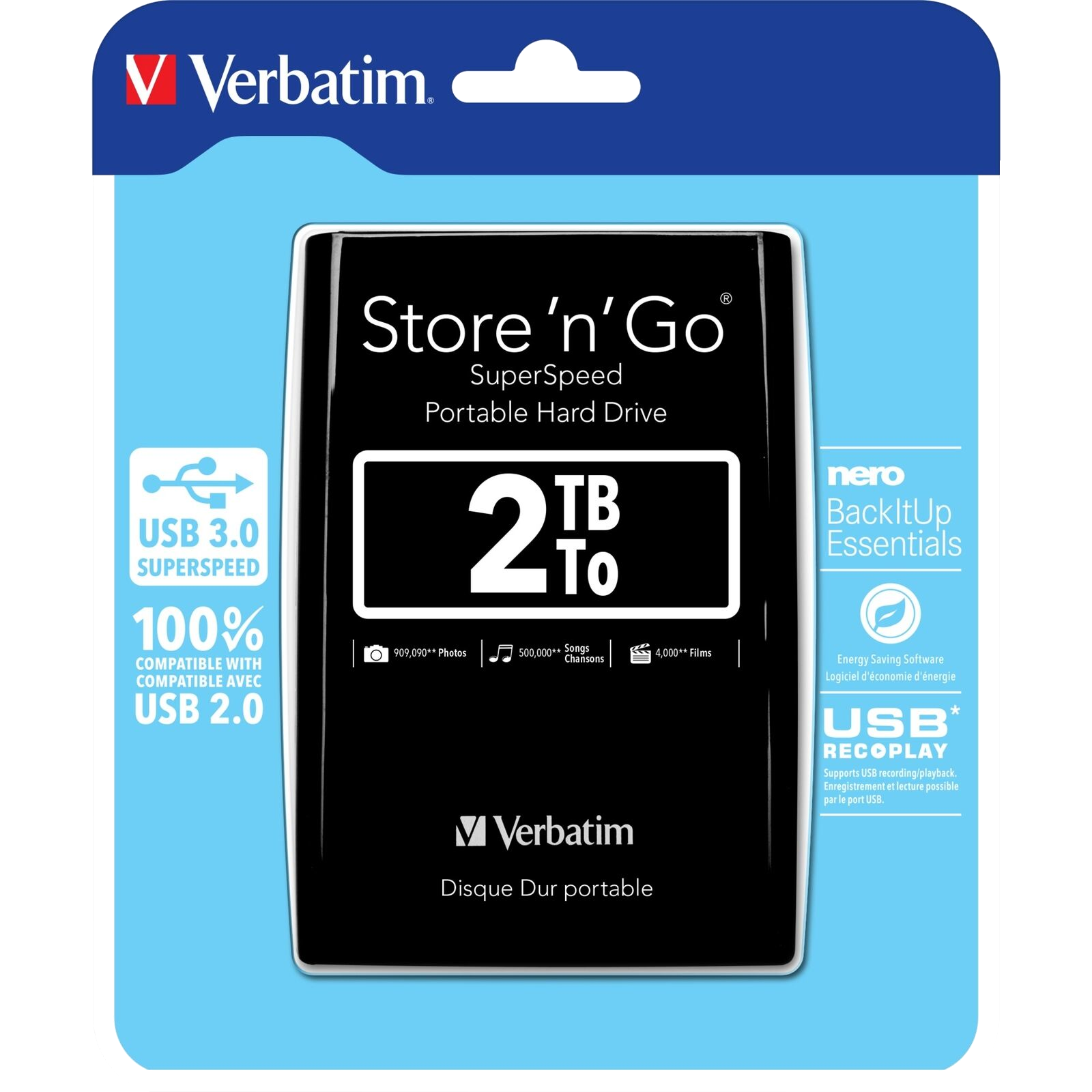 Verbatim 2 TB külső merevlemez csomagolása. Fekete és kék, termékinformációkkal és USB 3.0 logóval.