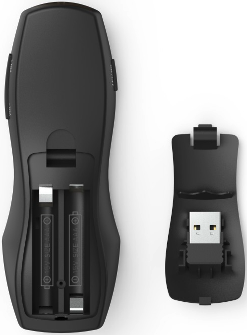 Eine schwarze Fernbedienung mit geöffnetem Batteriefach, das die Batterien und den USB-Anschluss zeigt.