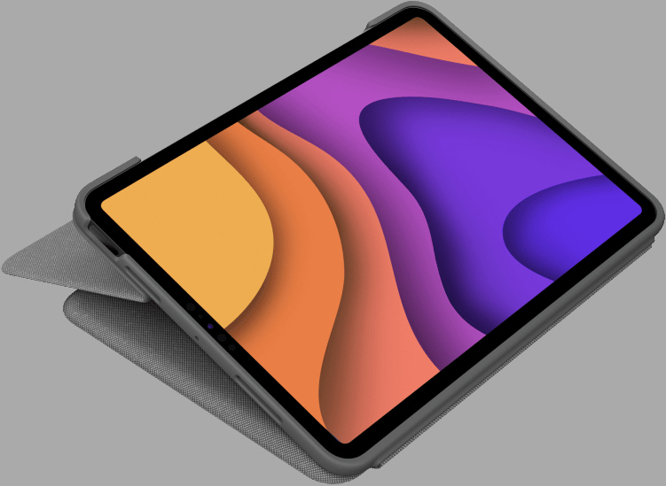 Tablette dans un étui gris, avec un écran coloré.