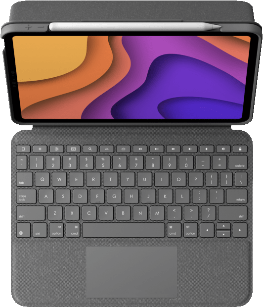 Tablette avec clavier. L'écran de la tablette affiche un design abstrait. Le clavier est gris.