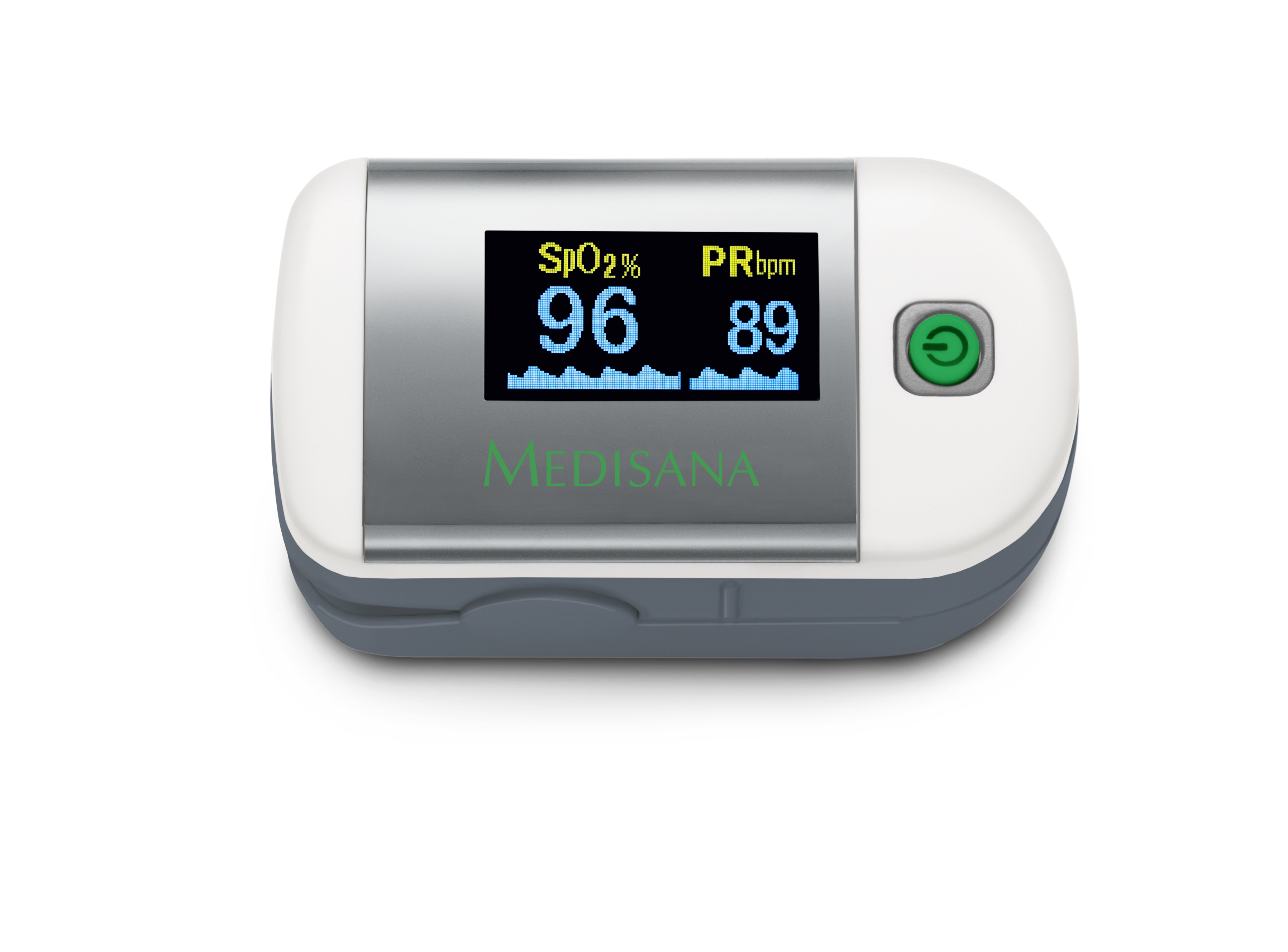 Medisana Pulsoximeter mit grünem Ein- / Ausschalter. Zeigt SpO2 und PRbpm an. Schwarzer Hintergrund.