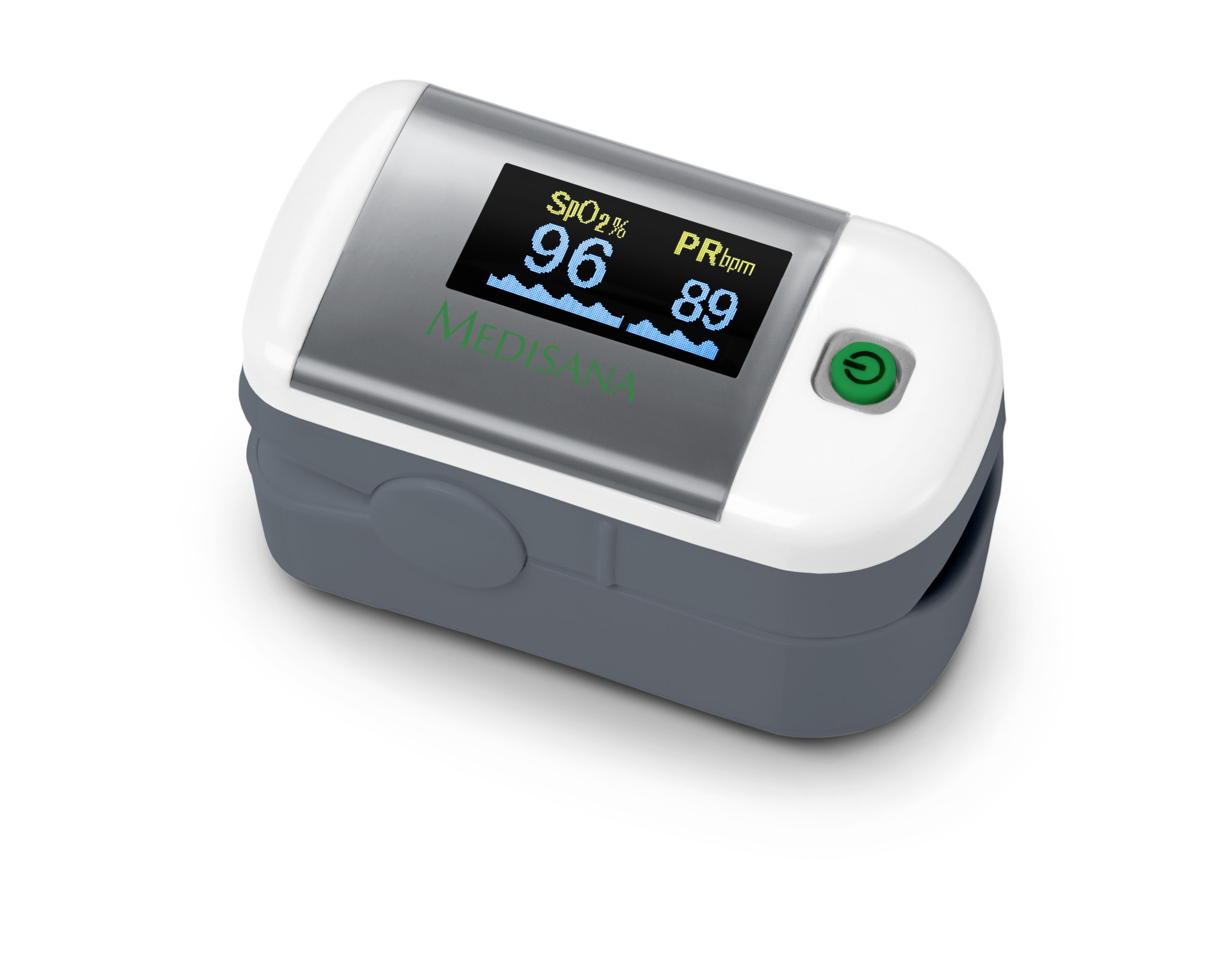 Ein Pulsoximeter zeigt SpO2 96% und PR 89 bpm an. Es ist weiß und grau.