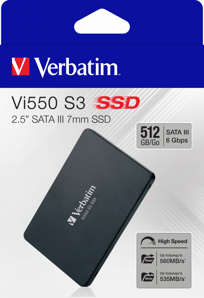 SSD doboz Verbatim logóval, fekete meghajtóval elöl. Részletek a sebességről és a kapacitásról.