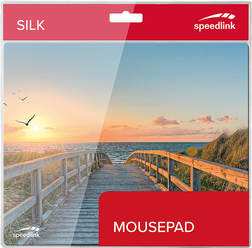 Mauspad mit einer Strandszene. Ein Holzsteg führt unter einem Sonnenuntergang zum Meer.