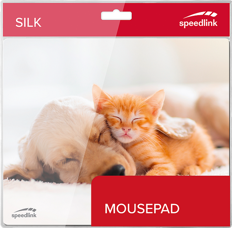 Tapis de souris avec un chaton et un chiot endormis, bordure rouge.