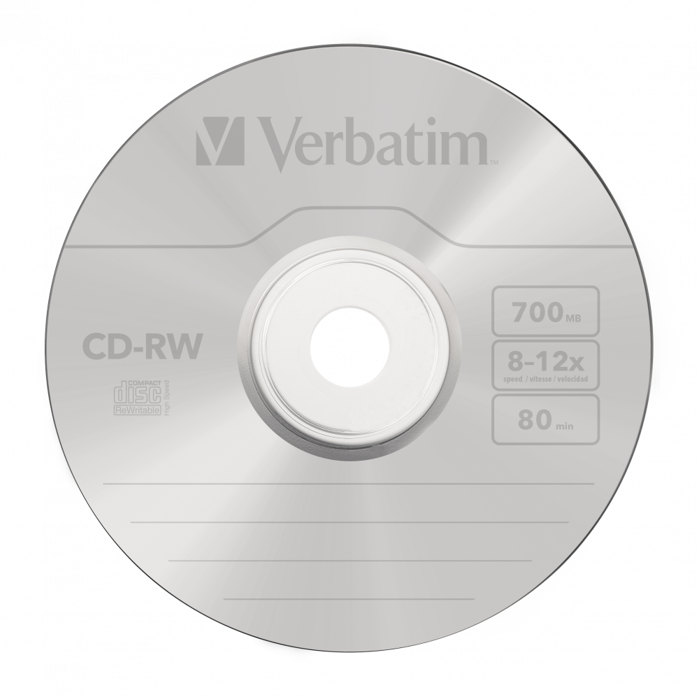 Ezüst CD-RW lemez fehér címkével, a tárolási kapacitást és sebességet jelző szöveggel.