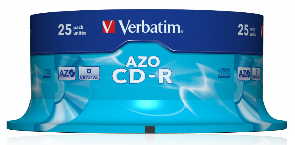 Kék CD-R lemezek halmaza átlátszó műanyag tartóban, a Verbatim logóval.