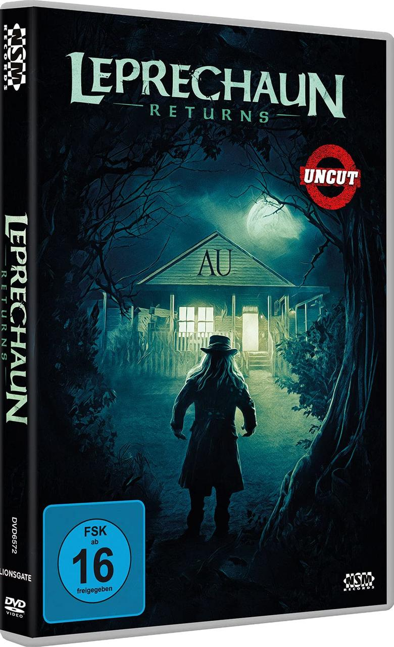 DVD-Cover: Leprechaun Returns. Eine Figur geht auf ein Haus in einem dunklen Wald zu.