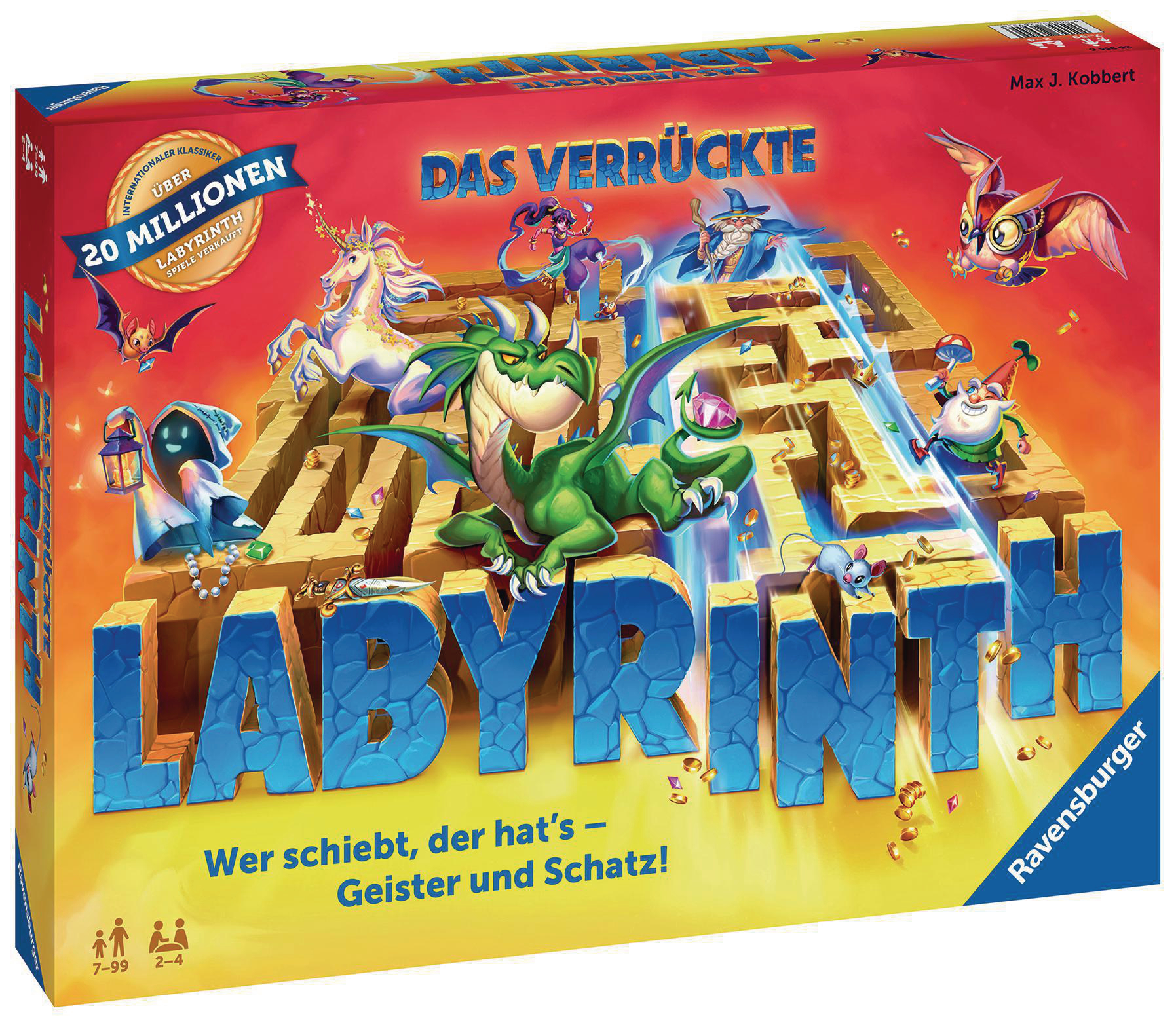 Eine Brettspielbox. Der Titel lautet 'Das Verrückte Labyrinth'. Es hat ein Labyrinth-Design mit Fantasy-Kreaturen.
