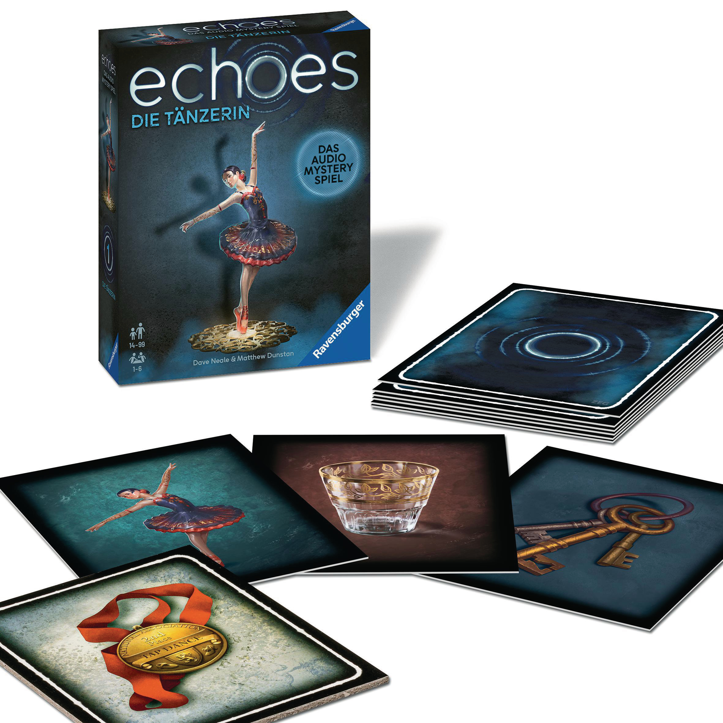 Spielbox mit Karten. Die Box zeigt eine Ballerina-Illustration. Karten mit Kunst sind vorne.
