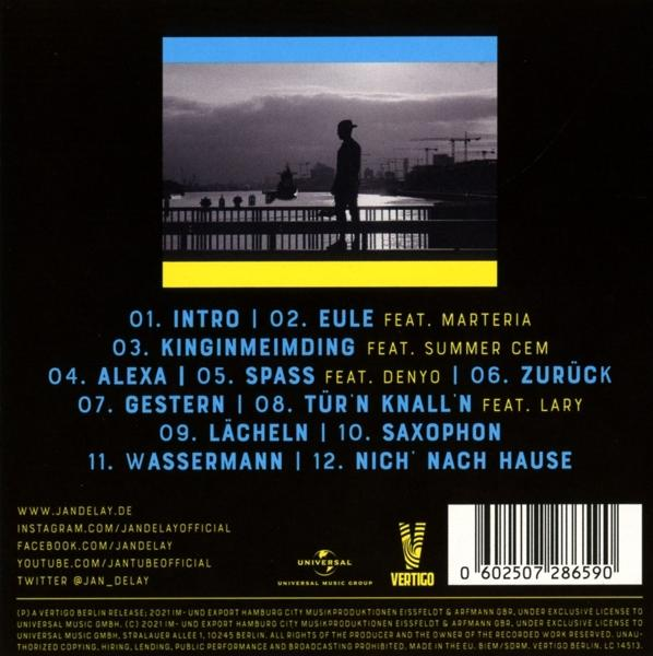 Album-Rückseite mit Trackliste. Enthält Künstler-Silhouette, blaue und gelbe Streifen.