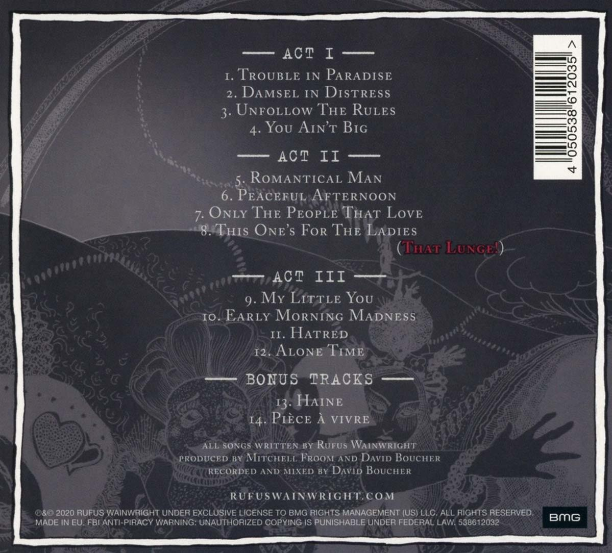 Pochette arrière du CD montrant les titres des chansons, les crédits et un code sur fond blanc.