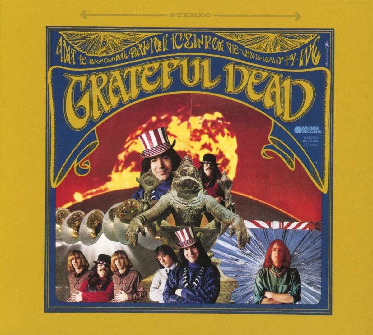 Das Albumcover von The Grateful Dead: eine Collage mit Bandmitgliedern, einem Monster und Text.