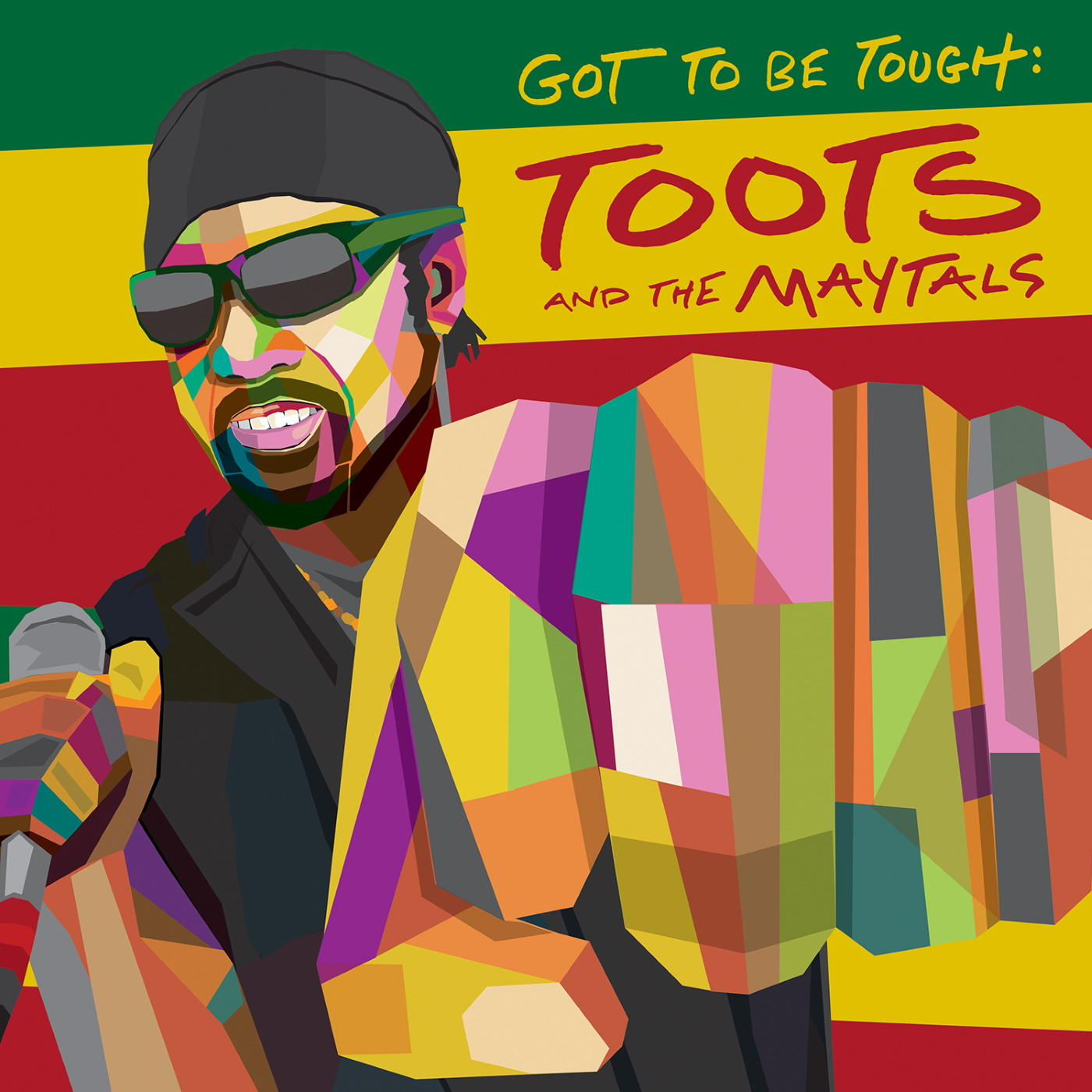 Albumcover mit einem cartoonartigen Portrait eines Mannes mit Sonnenbrille. Hintergrund ist rot, gelb und grün.