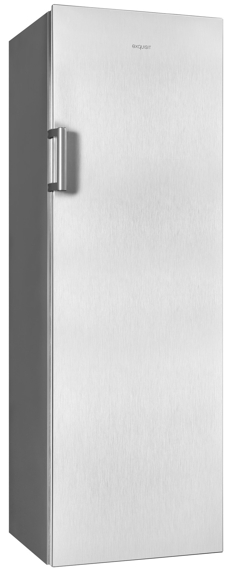Ein Kühlschrank aus Edelstahl mit einem Griff auf der linken Seite. Es ist hoch und schmal.